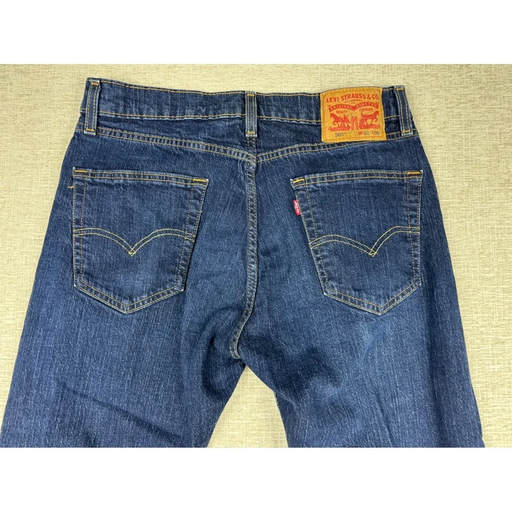 Levis 505 Mens 32x30 Jeans Dark Loose Fit Wash Denim Grungy Blue HighLow Fading
